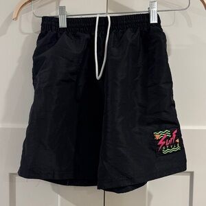 Vintage Surf Style Shorts, Black with Neon Logo, Size Small